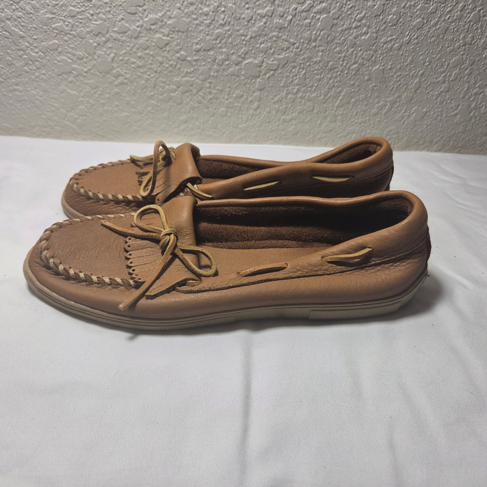 Minnetonka Kilty Leather Moccasin Loafers Tan Brown Fringed Shoes W-12 Mens 10.5